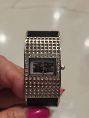 Bijoux Terner Silver Crystal Accent Cuff Watch with Black Face